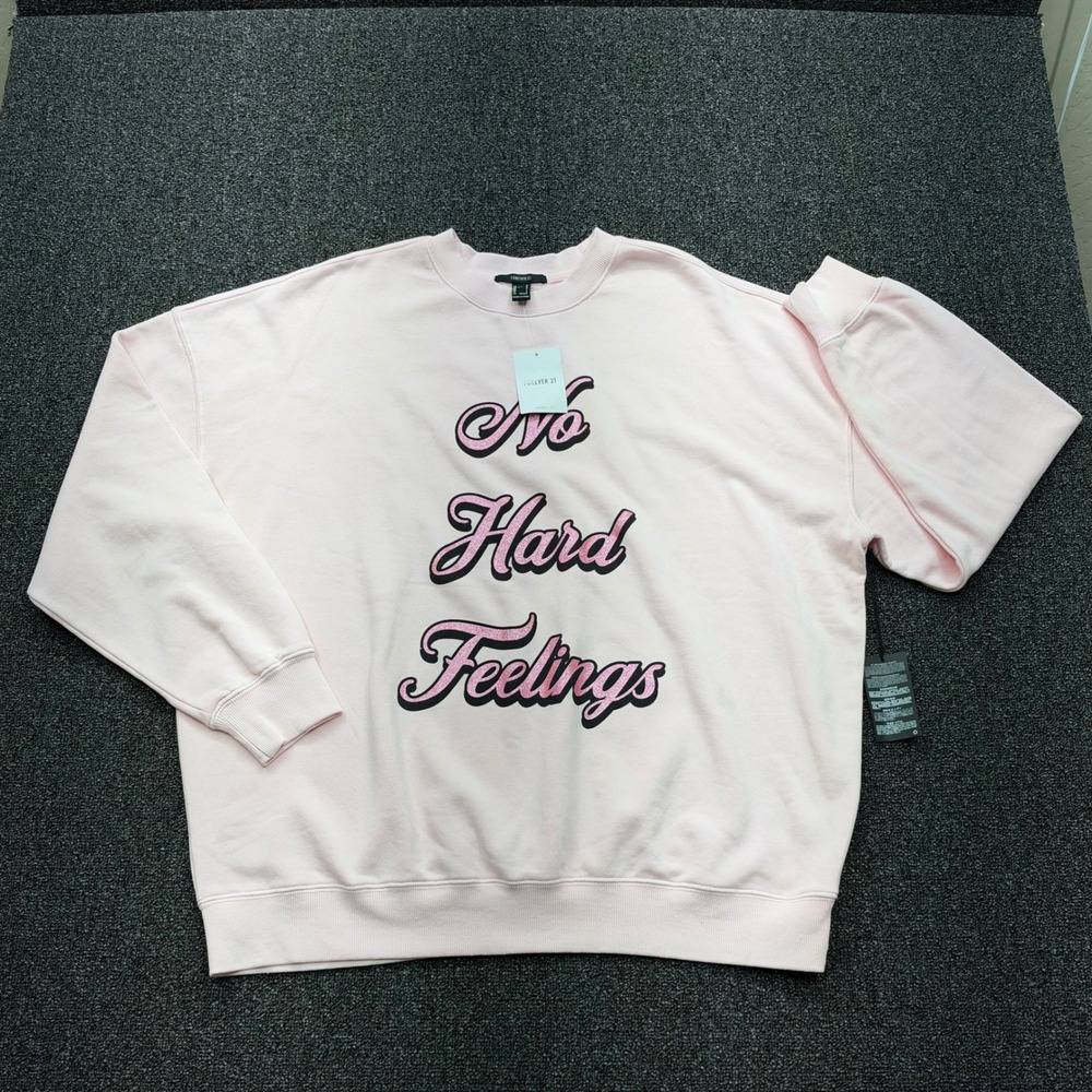 Forever 21 No Hard Feelings Glitter Graphic Sweatshirt Womens L Pink NEW